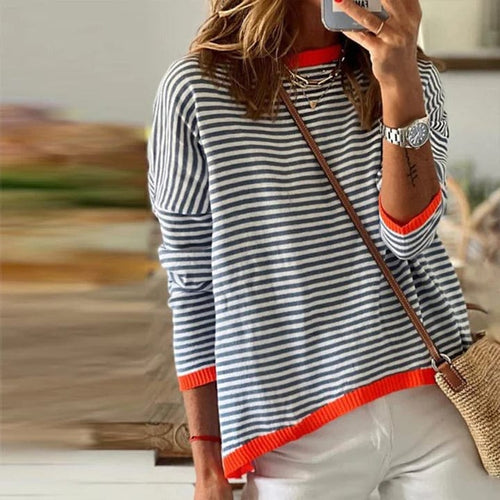 Blau Gestreifter Pullover Mit orangefarbenem Rand