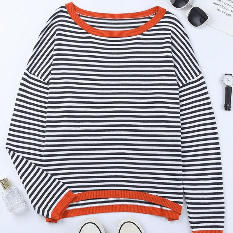 Blau Gestreifter Pullover Mit orangefarbenem Rand – Veloura