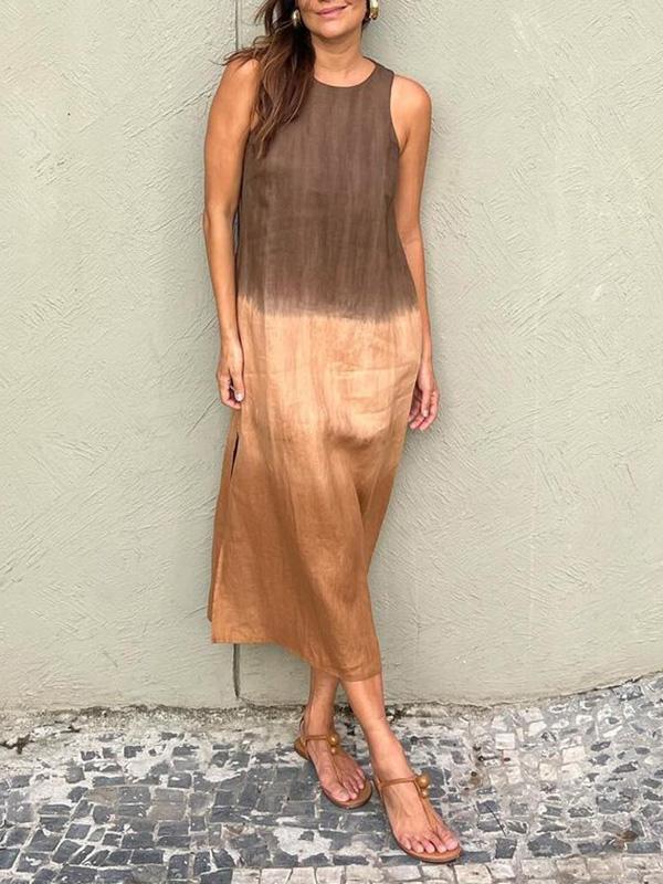Echoarchiv | Luftiges Leinenkleid Aus Baumwolle mit Farbverlauf und Schlitz Am Bein