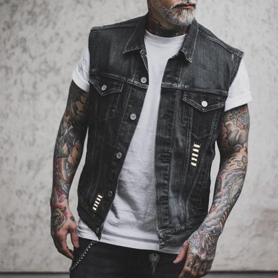 Echoarchiv Herren Motorrad-Denimweste mit Motorrad- und Skelettdruck