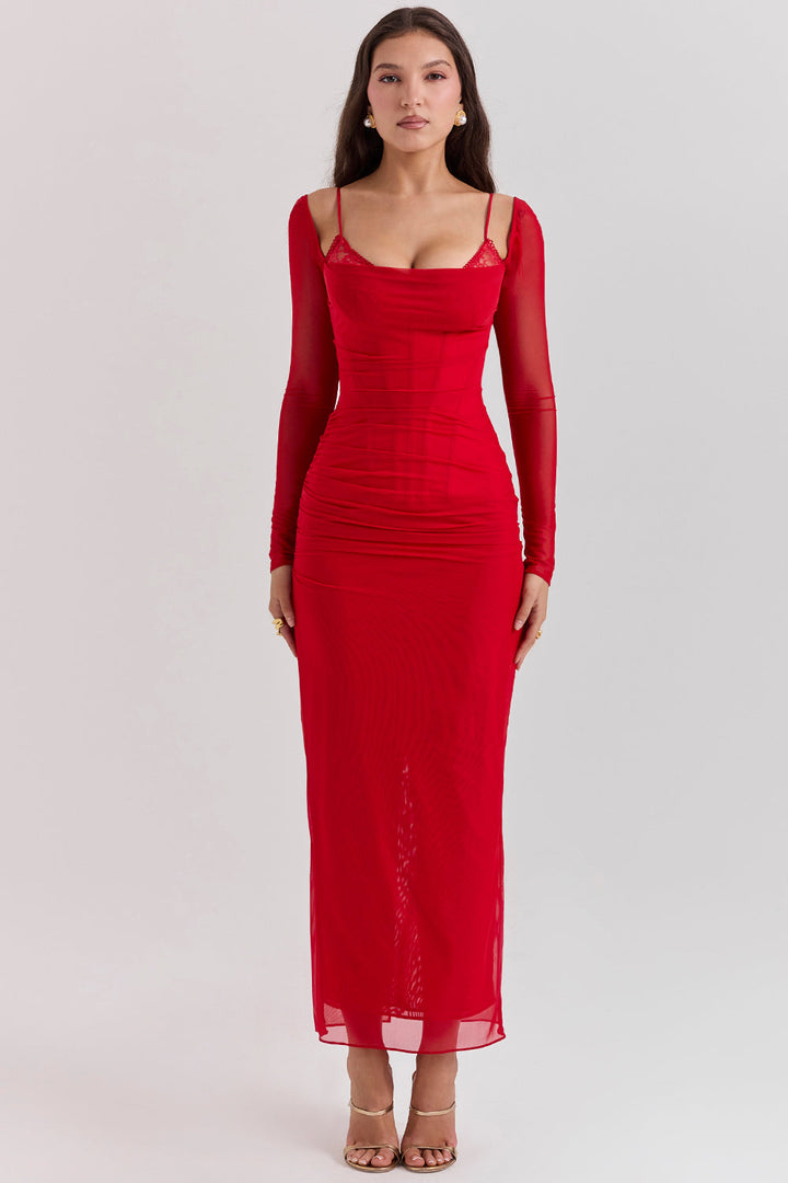 Echoarchiv | Elegantes Maxikleid mit tiefem Ausschnitt und langen Ärmeln