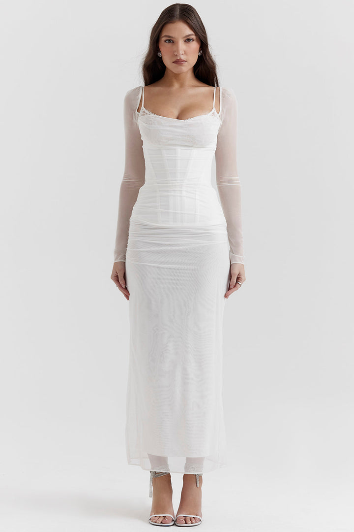 Echoarchiv | Elegantes Maxikleid mit tiefem Ausschnitt und langen Ärmeln