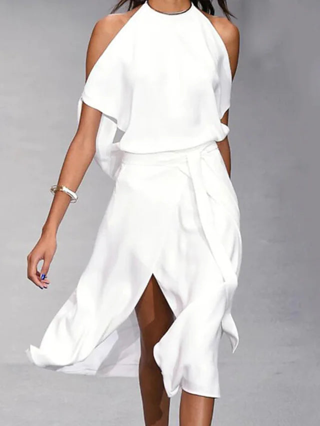 Echoarchiv | Midi Kleid Off Shoulder Wickelstil Mit Frontschlitz Elegante Fließende Passform