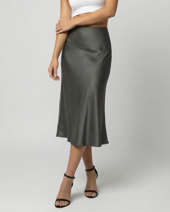 Damen eleganter Satin-Midirock mit fließendem Schnitt und hohem Bund – Rosévia