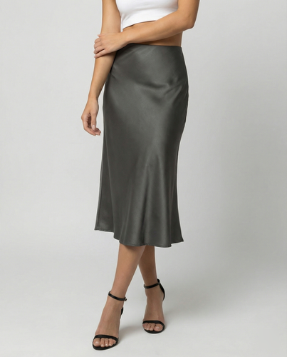Damen eleganter Satin-Midirock mit fließendem Schnitt und hohem Bund – Rosévia