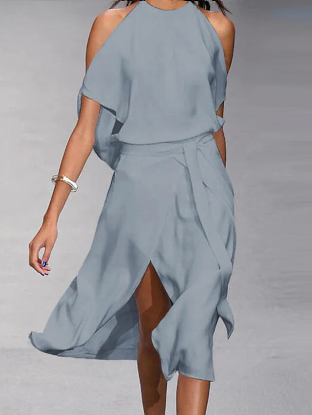 Echoarchiv | Midi Kleid Off Shoulder Wickelstil Mit Frontschlitz Elegante Fließende Passform