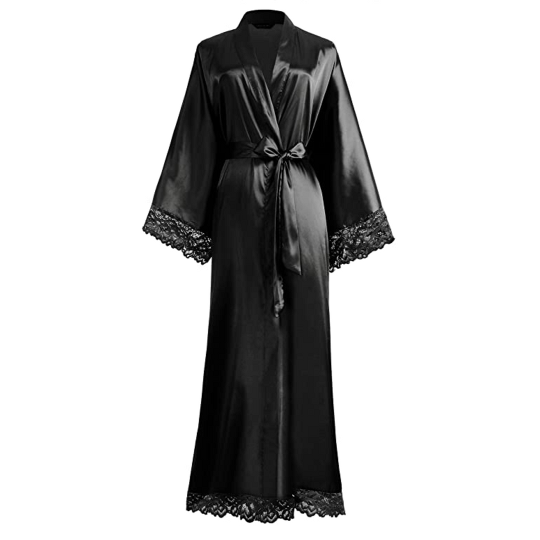Lange Bademantel aus Satin mit Spitzen Details – Avérine