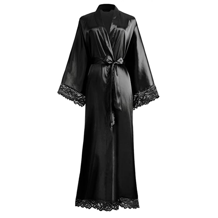 Lange Bademantel aus Satin mit Spitzen Details – Avérine