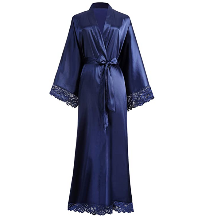 Lange Bademantel aus Satin mit Spitzen Details – Avérine