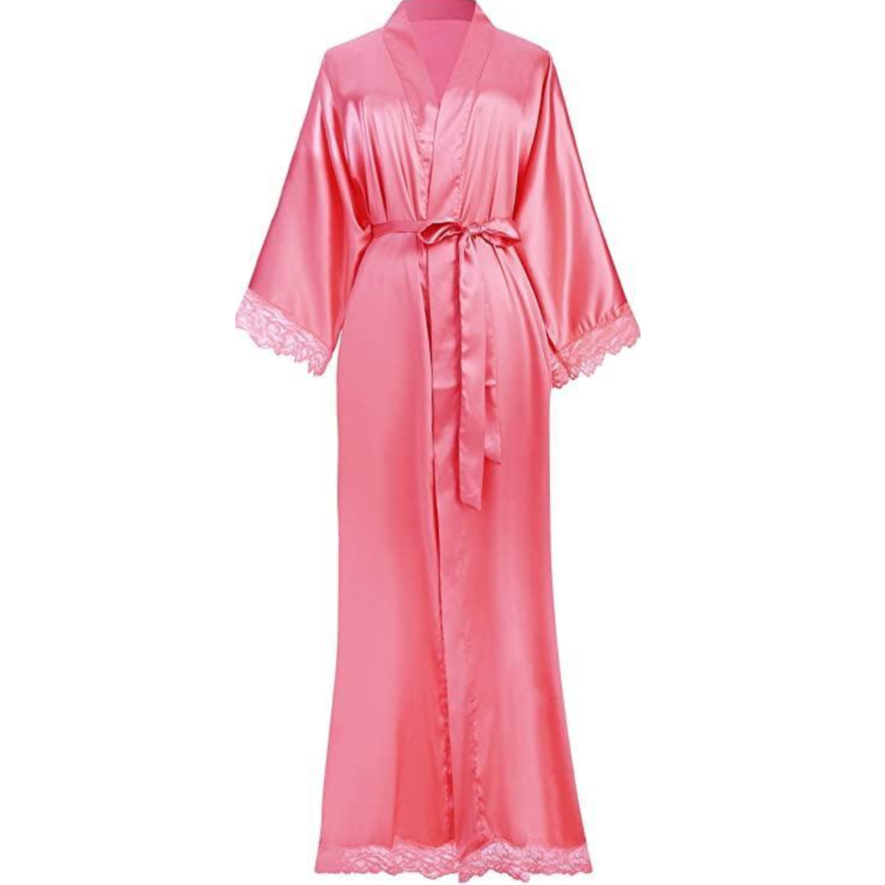 Lange Bademantel aus Satin mit Spitzen Details – Avérine