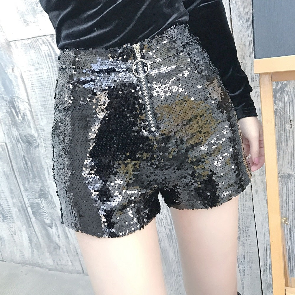 Echoarchiv | Pailletten Shorts Hohe Taille Oring Reißverschluss Front Bodycon
