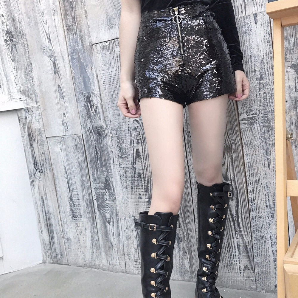 Echoarchiv | Pailletten Shorts Hohe Taille Oring Reißverschluss Front Bodycon
