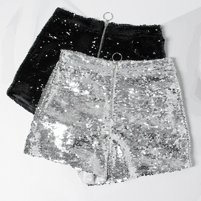 Echoarchiv | Pailletten Shorts Hohe Taille Oring Reißverschluss Front Bodycon