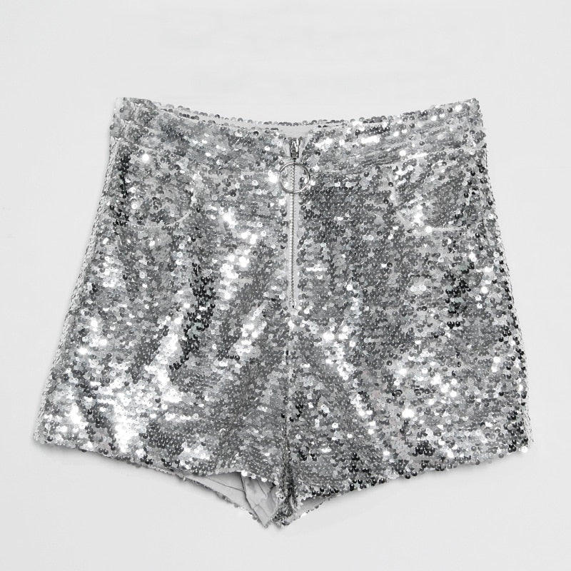 Echoarchiv | Pailletten Shorts Hohe Taille Oring Reißverschluss Front Bodycon