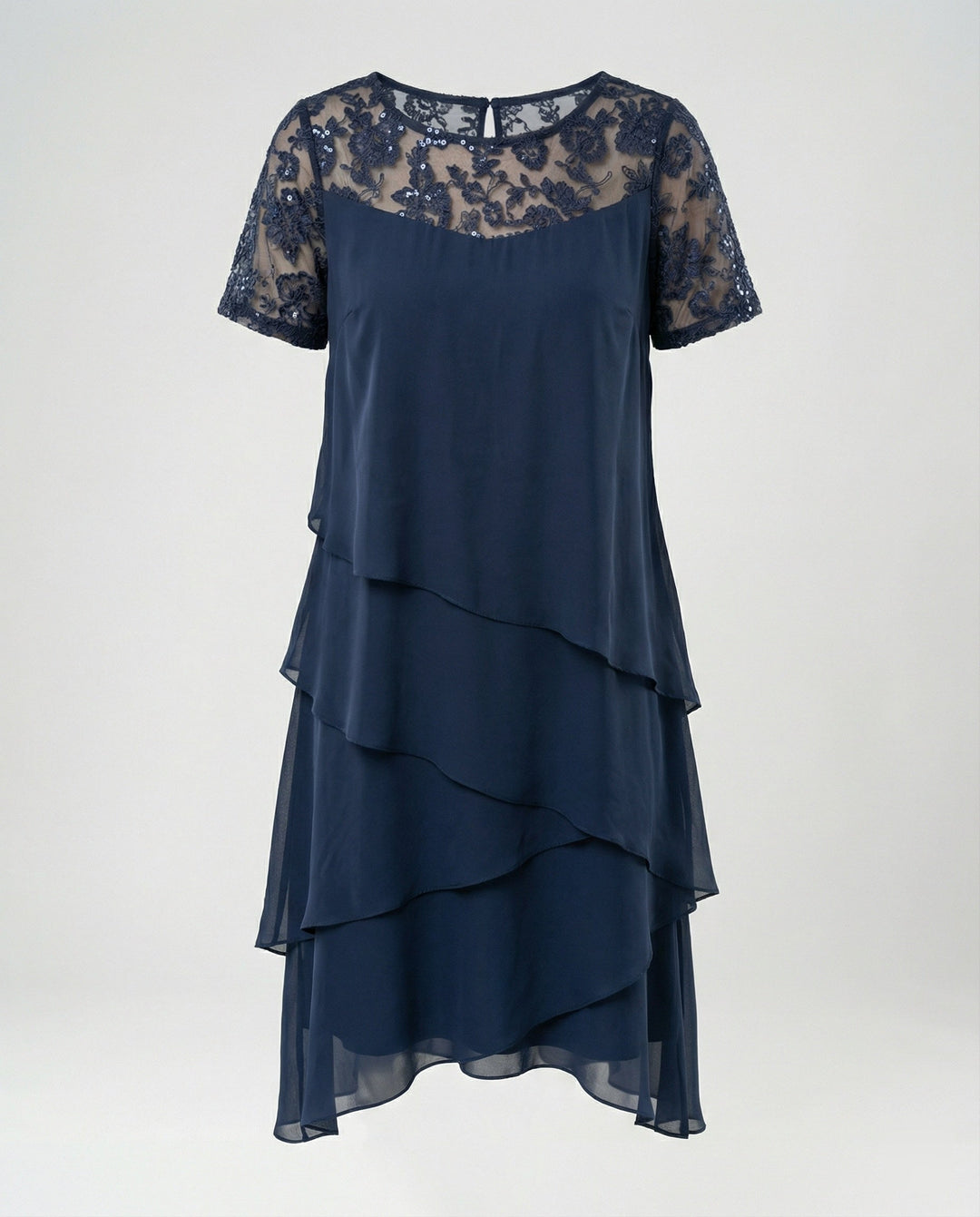 Damen Elegantes Schichtkleid mit Spitzenärmel und asymmetrischem Saum Echoarchiv