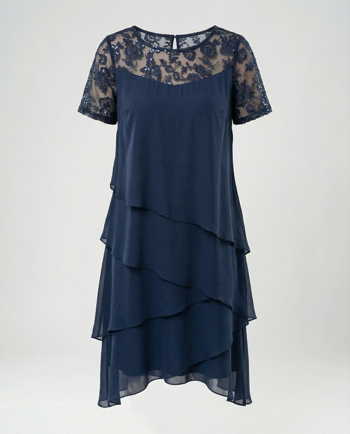 Damen Elegantes Schichtkleid mit Spitzenärmel und asymmetrischem Saum Echoarchiv
