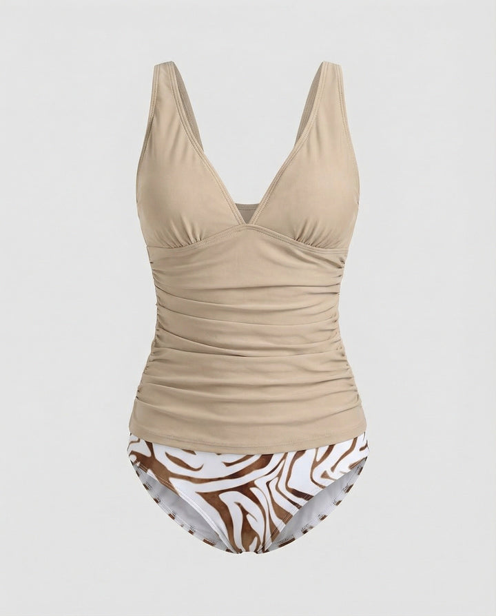 Echoarchiv | Tankini mit V-Ausschnitt, Top mit Rüschen und Höschen mit Zebramuster