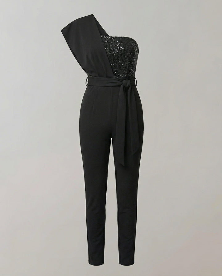 Damen Luxuriöser Overall mit Schleifengürtel & Funkelnden Details | Echoarchiv