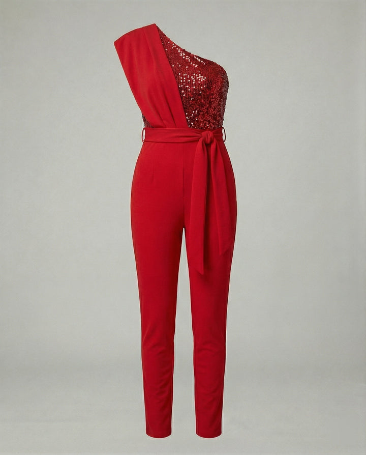 Damen Luxuriöser Overall mit Schleifengürtel & Funkelnden Details | Echoarchiv