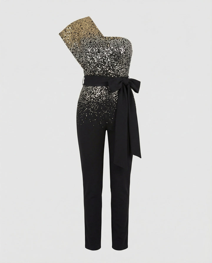 Damen Luxuriöser Overall mit Schleifengürtel & Funkelnden Details | Echoarchiv