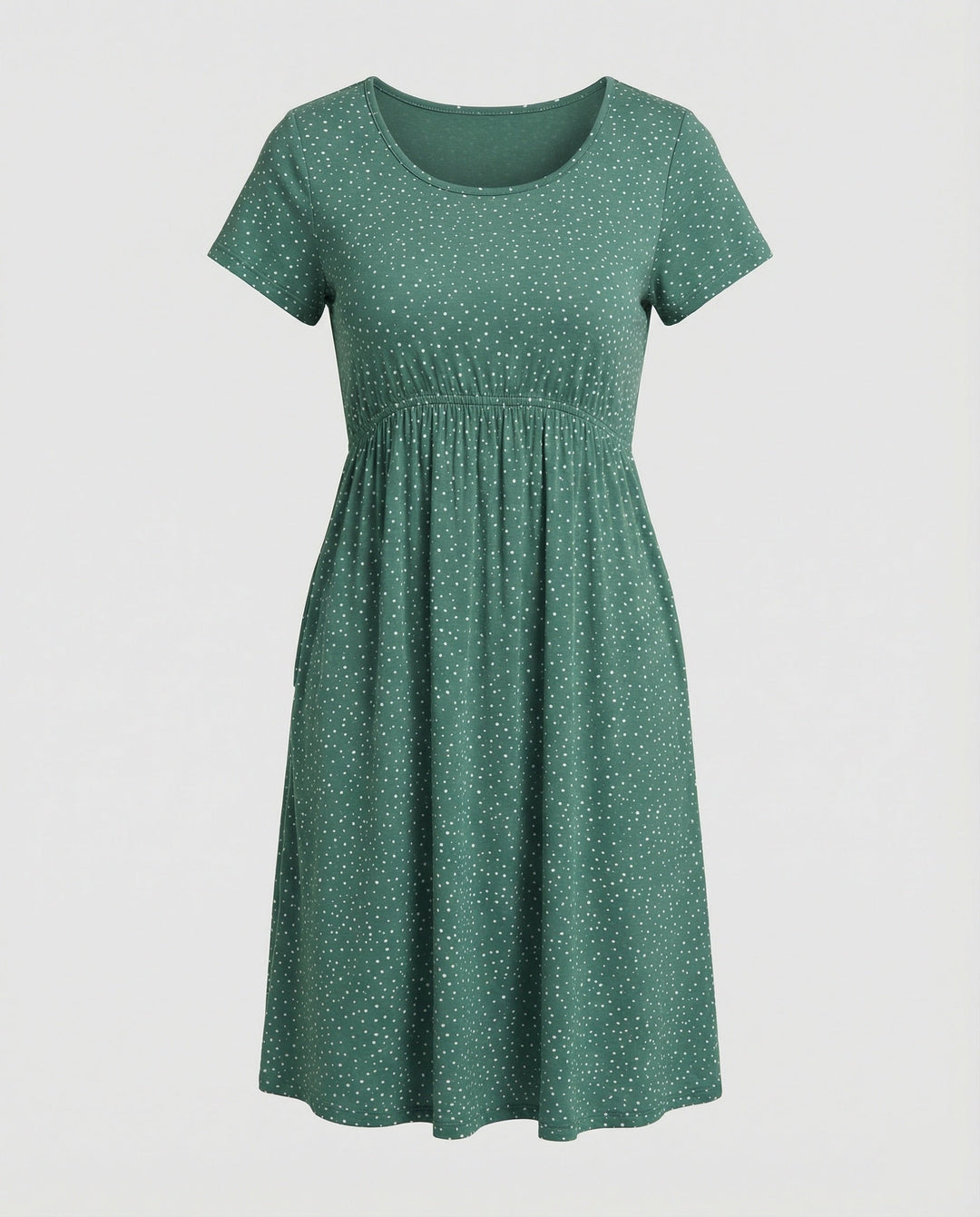 Damen Elegantes Grünes Midikleid mit Punktmuster & Kurzen Ärmeln | Echoarchiv