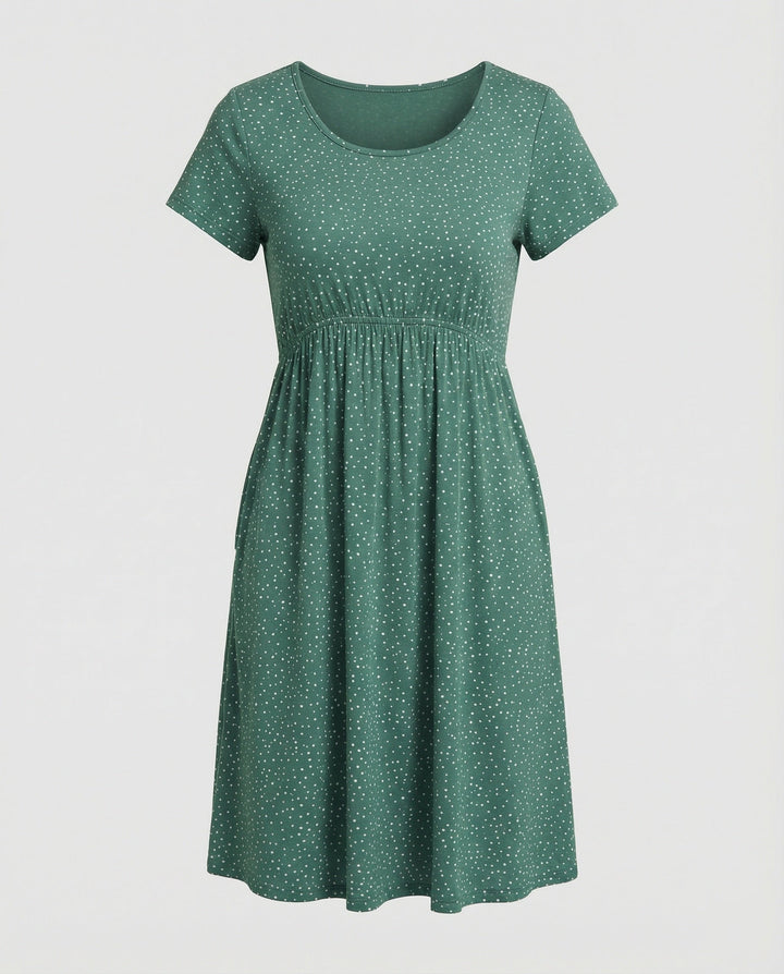 Damen Elegantes Grünes Midikleid mit Punktmuster & Kurzen Ärmeln | Echoarchiv