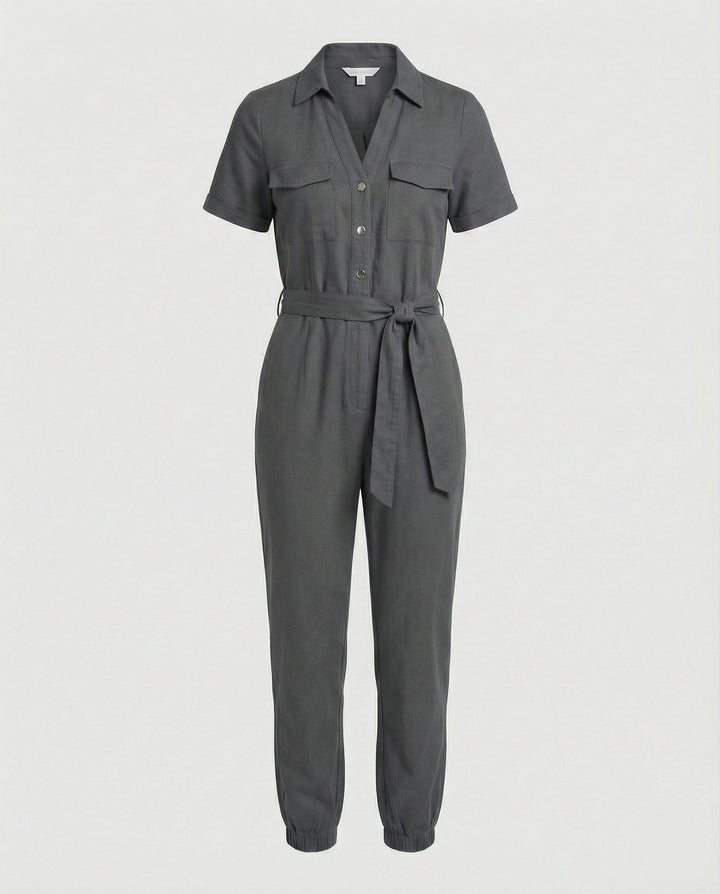 Damen lässiger Jumpsuit mit tailliertem Schnitt und durchgehender Knopfleiste Echoarchiv