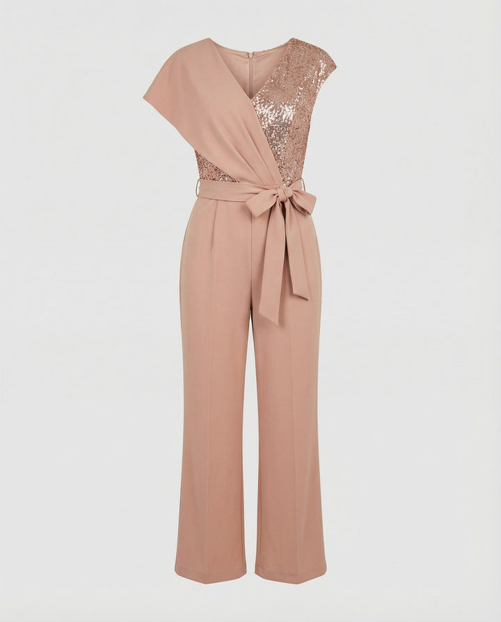 Damen Luxuriöser Overall mit Schleifengürtel & Funkelnden Details | Echoarchiv