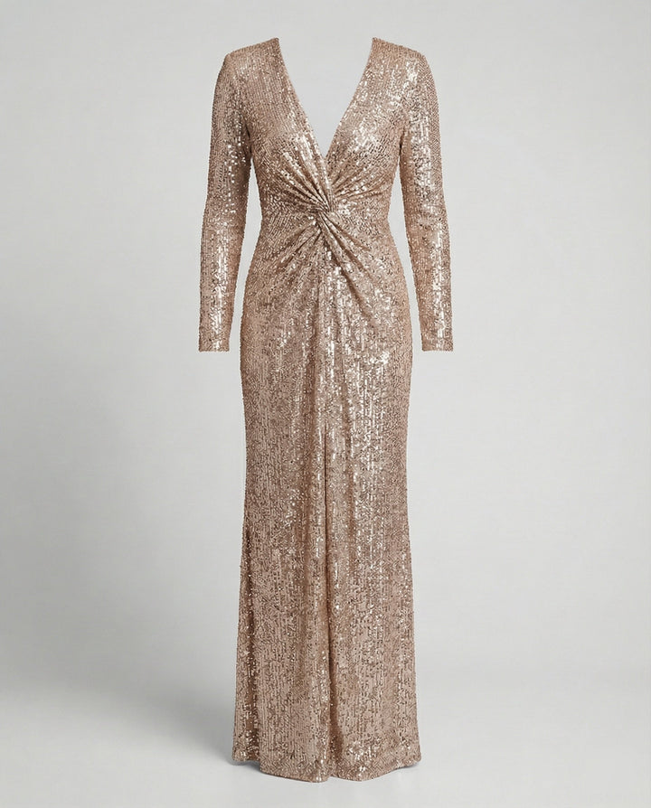 Give Em' Glam Paillettenkleid mit Langen Ärmeln und Gekreuztem Taillendetail Abend-Maxikleid – Valéora