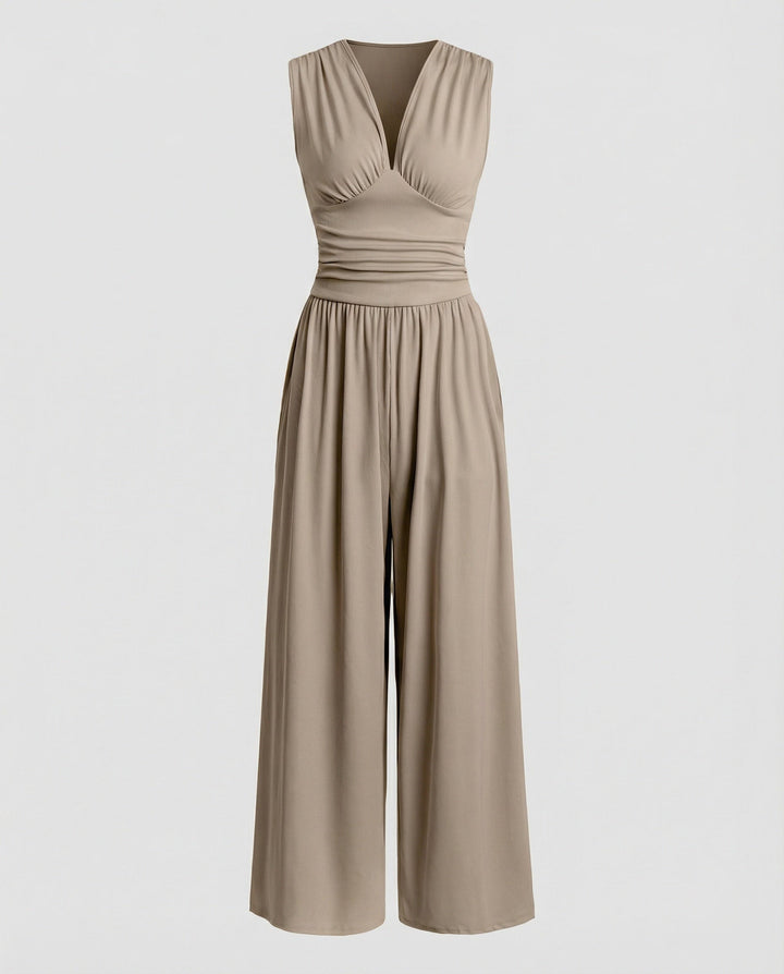 Damen Jumpsuit mit schickem V-Ausschnitt und weitem Bein Echoarchiv