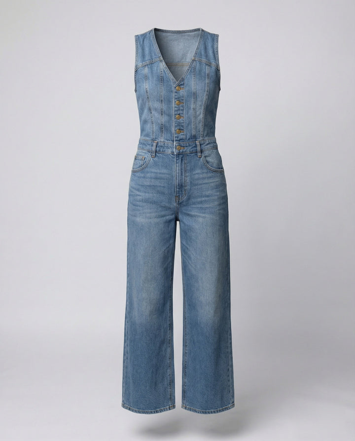 Damen Jumpsuit mit weit geschnittenen Beinen und eleganter Knopfleiste Echoarchiv