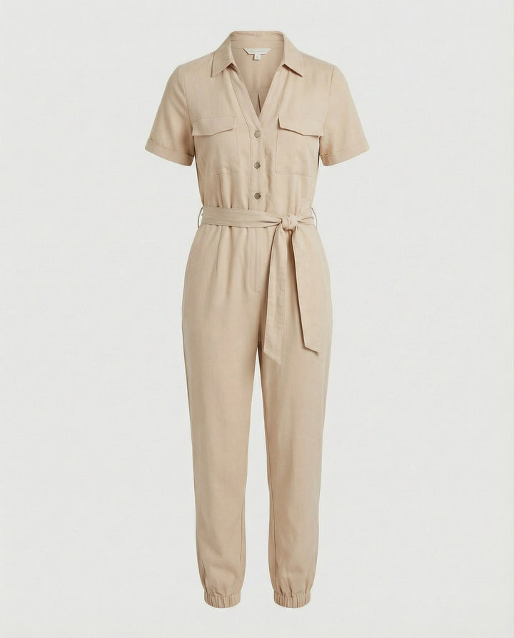 Damen lässiger Jumpsuit mit tailliertem Schnitt und durchgehender Knopfleiste Echoarchiv