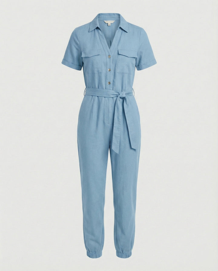 Damen lässiger Jumpsuit mit tailliertem Schnitt und durchgehender Knopfleiste Echoarchiv