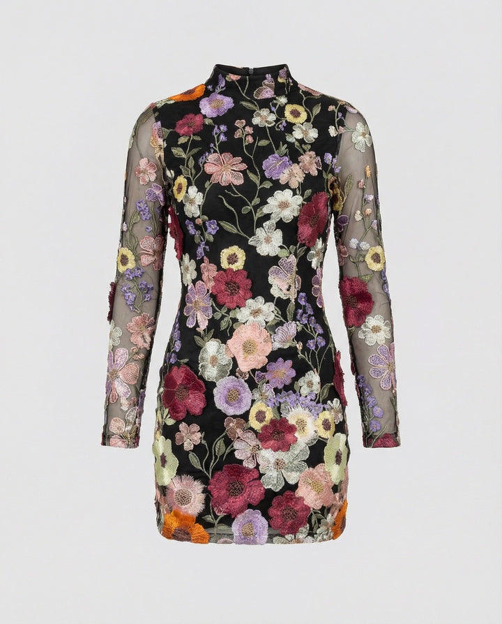 Minikleid mit floralen Applikationen und durchscheinender Optik