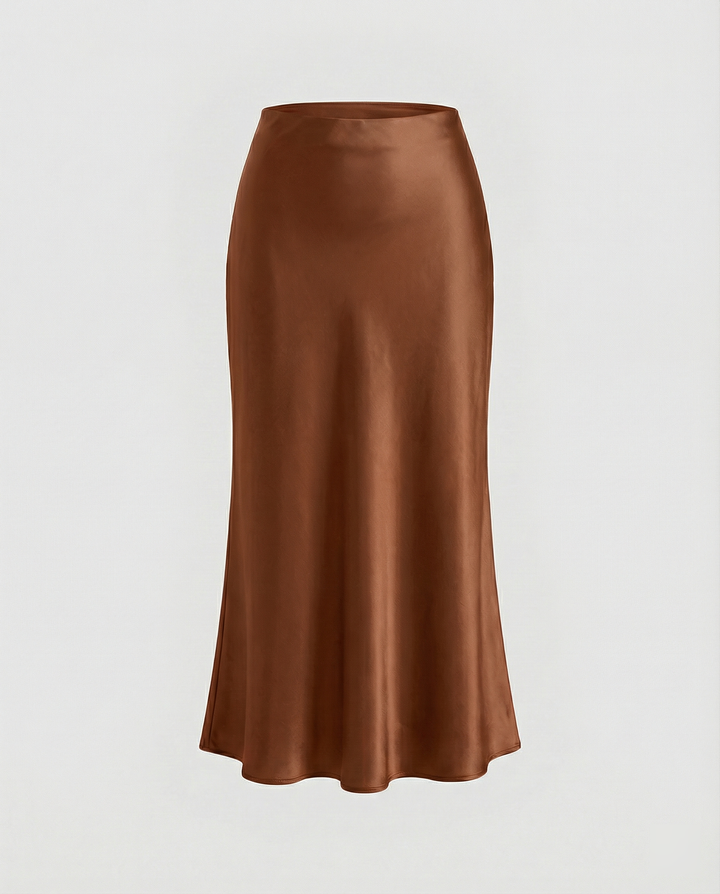 Damen eleganter Satin-Midirock mit fließendem Schnitt und hohem Bund – Rosévia