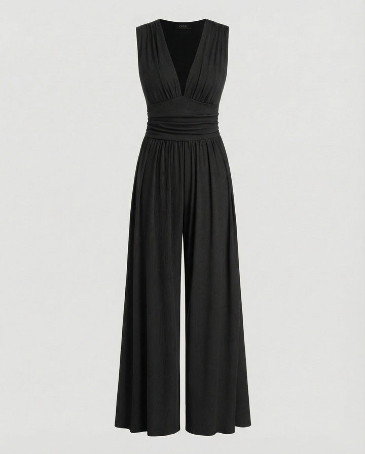 Damen Jumpsuit mit schickem V-Ausschnitt und weitem Bein Echoarchiv