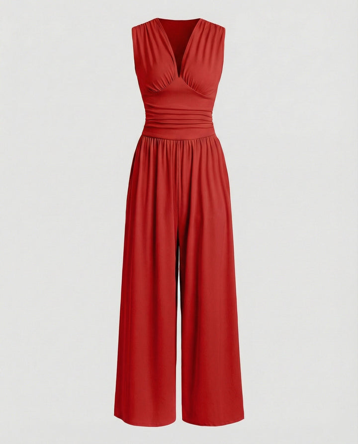 Damen Jumpsuit mit schickem V-Ausschnitt und weitem Bein Echoarchiv