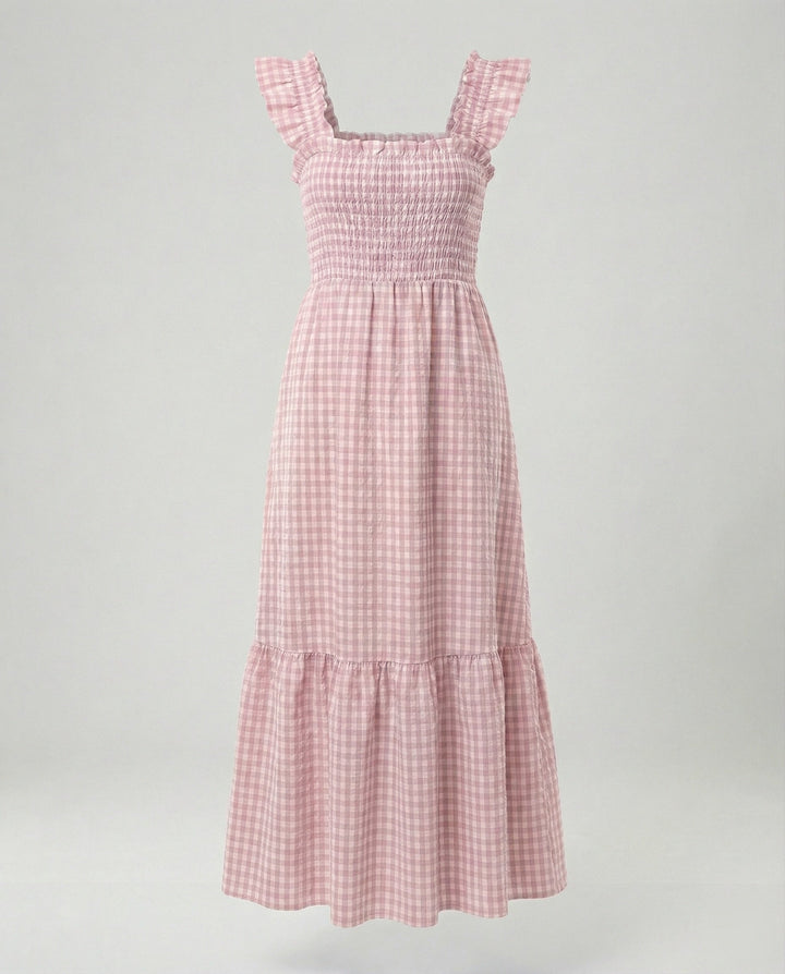Damen Vichy Maxikleid mit Smokoberteil