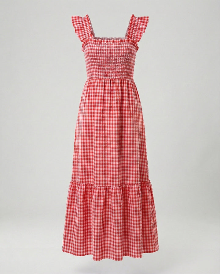 Damen Vichy Maxikleid mit Smokoberteil