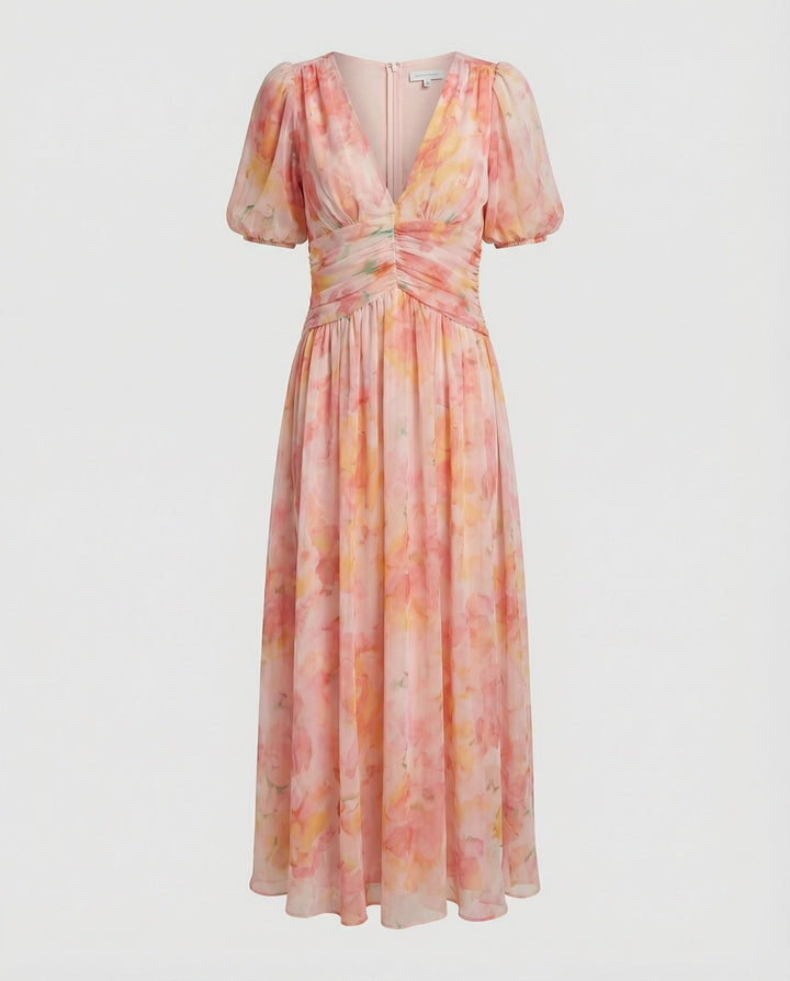 Damen Wickel-Maxikleid mit Puffärmeln – Valéora
