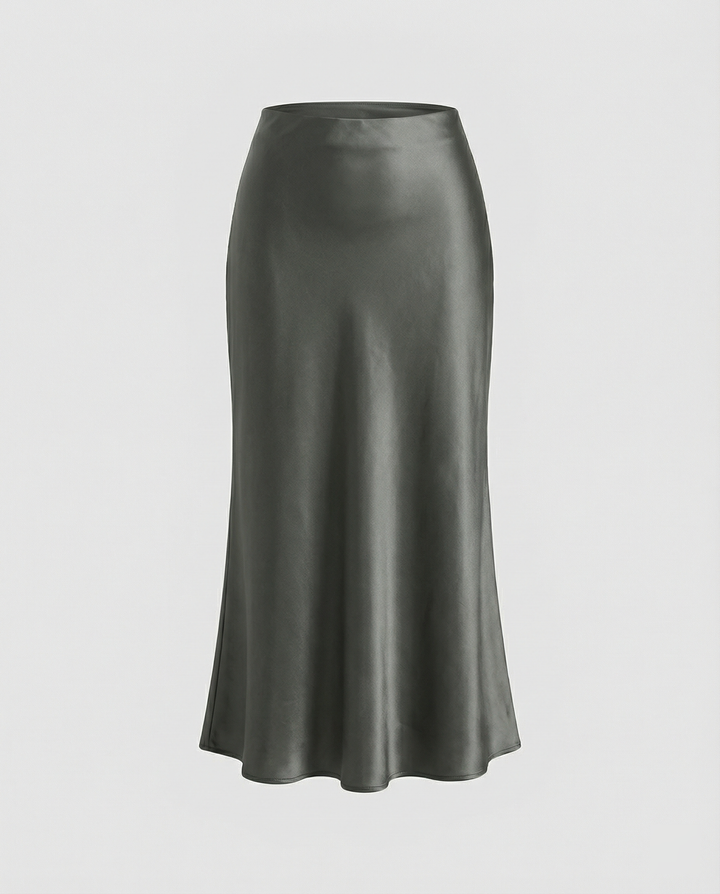 Damen eleganter Satin-Midirock mit fließendem Schnitt und hohem Bund – Rosévia