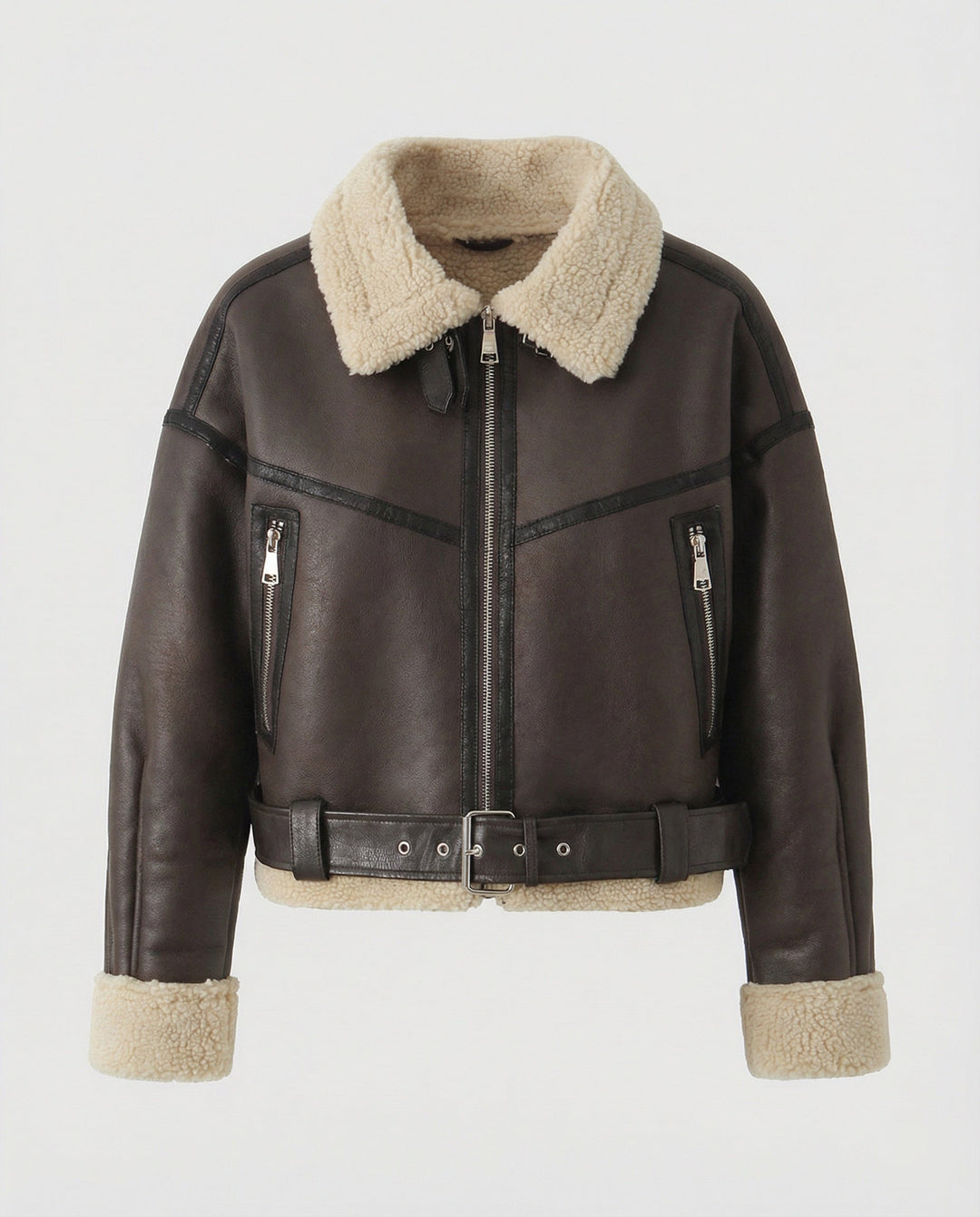 Damen Lederjacke mit Teddyfutter und Gürtel