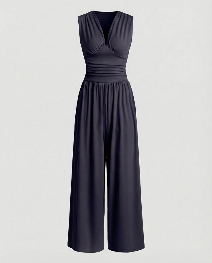 Damen Jumpsuit mit schickem V-Ausschnitt und weitem Bein Echoarchiv