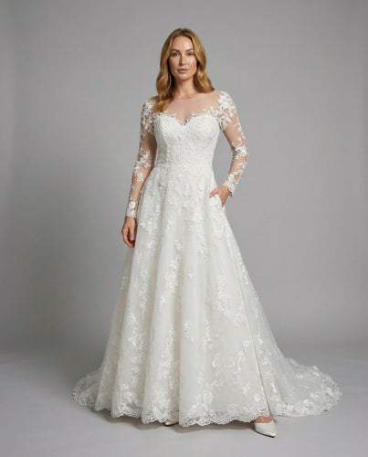 Damen Prinzessin-Brautkleid Spitze Langarm Schleppe