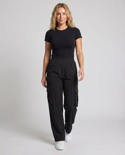 Frauen Urban Hohe Elastische Taille Gemischte Cargo Palazzo Hose
