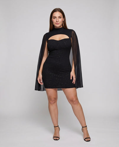 Damen Cape Mini Kleid Stehkragen Cutout Glitzer