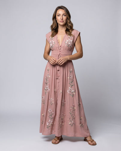 Frauen Boho Maxi Kleid Bruststickerei Smocking Taillenbund A-Line Rock