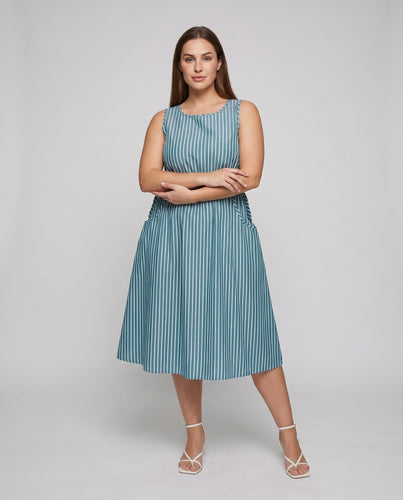 Damen Streifen Midi Kleid mit Kordelzug Taille Seitentaschen Ärmellos