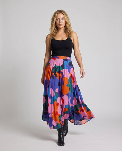 Damen Midaxi Rock Grafisches Blumenmuster Asymmetrischer Saum Hohe Taille
