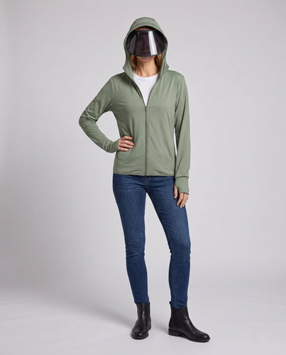 Damen Sportliche Kapuzenjacke mit integriertem UV-Schutz und Gesichtsschutz Echo Archiv